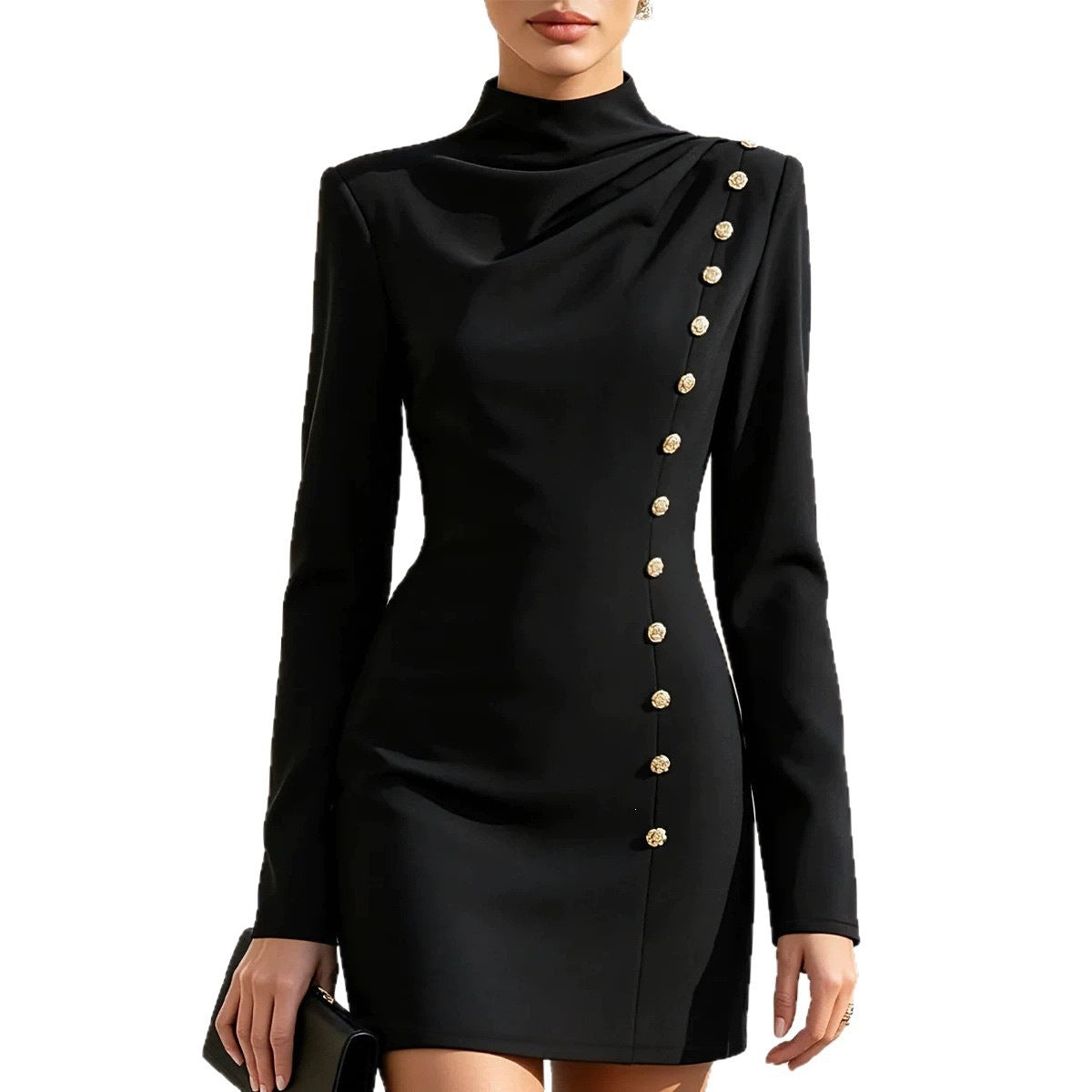 Half Turtleneck Pleated Slim Fit Metal Buckle Long Sleeve Skirts