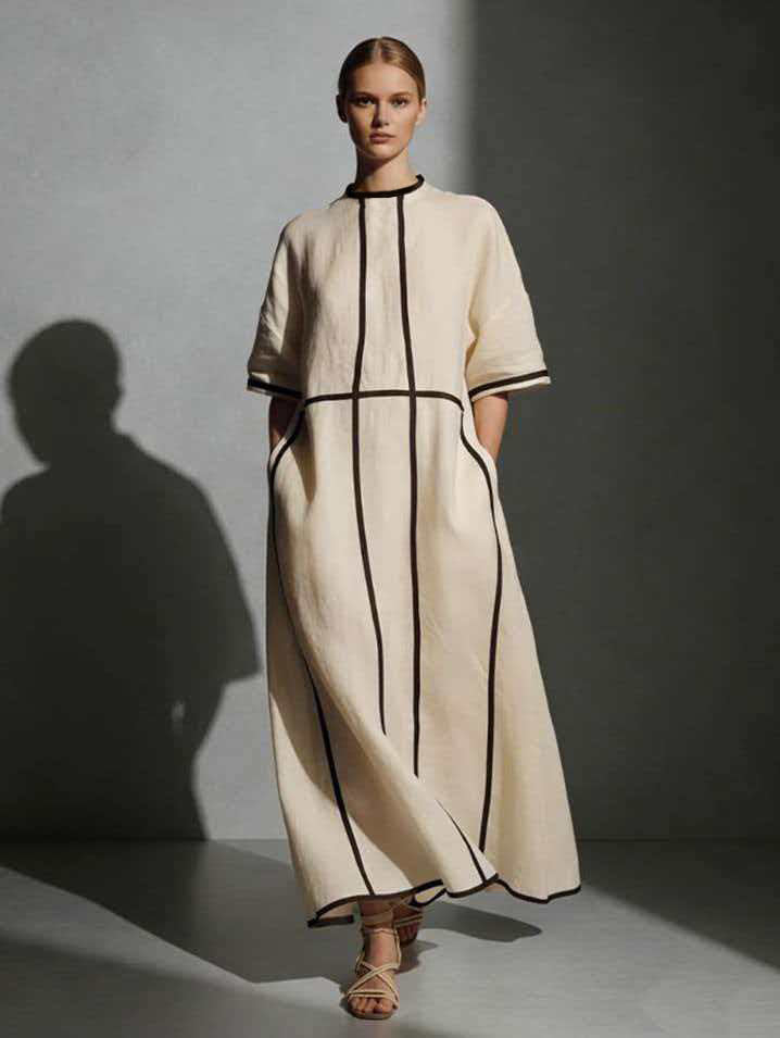 Women's Summer Round Neck Pocket Line Loose Dress
