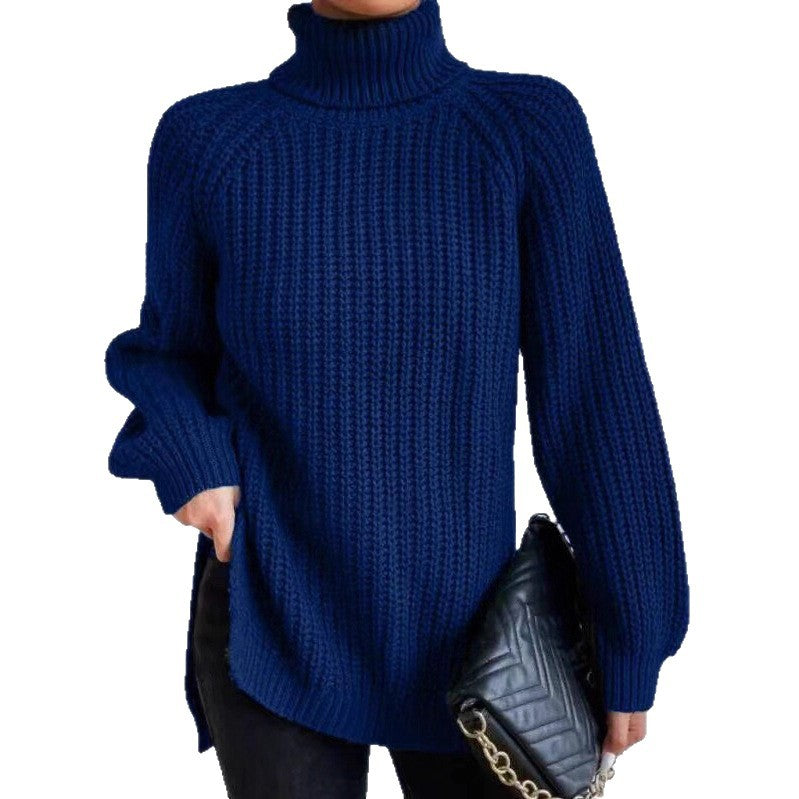 Women's Mid-length Raglan Sleeve High Lapel Split Knitwear