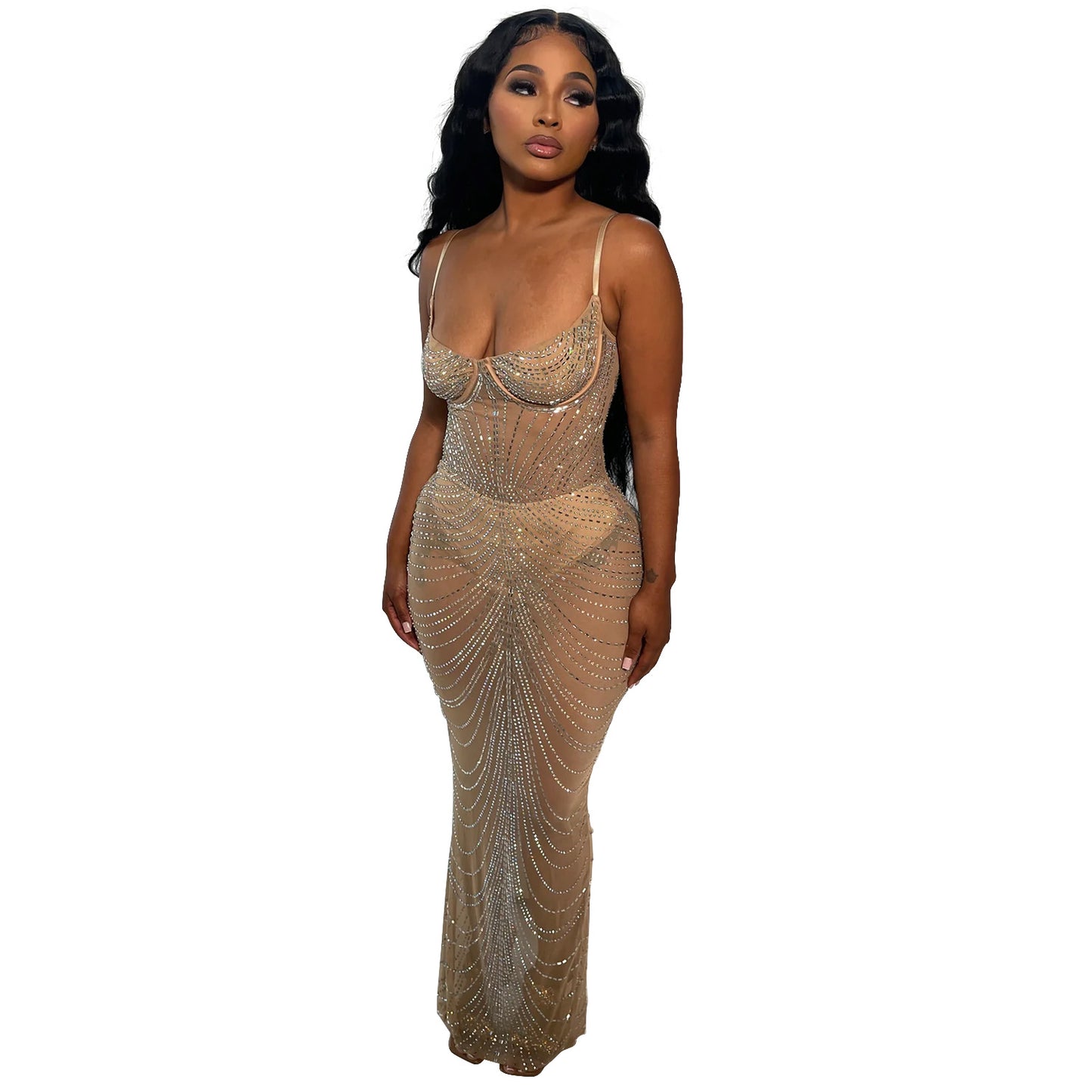 Women's Wear Pure Color Mesh Hot Drilling Sling Dresses