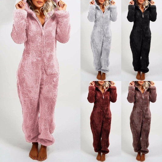 Women's Fleece-lined Thickened Furry Home Hooded Pajamas Jumpsuits