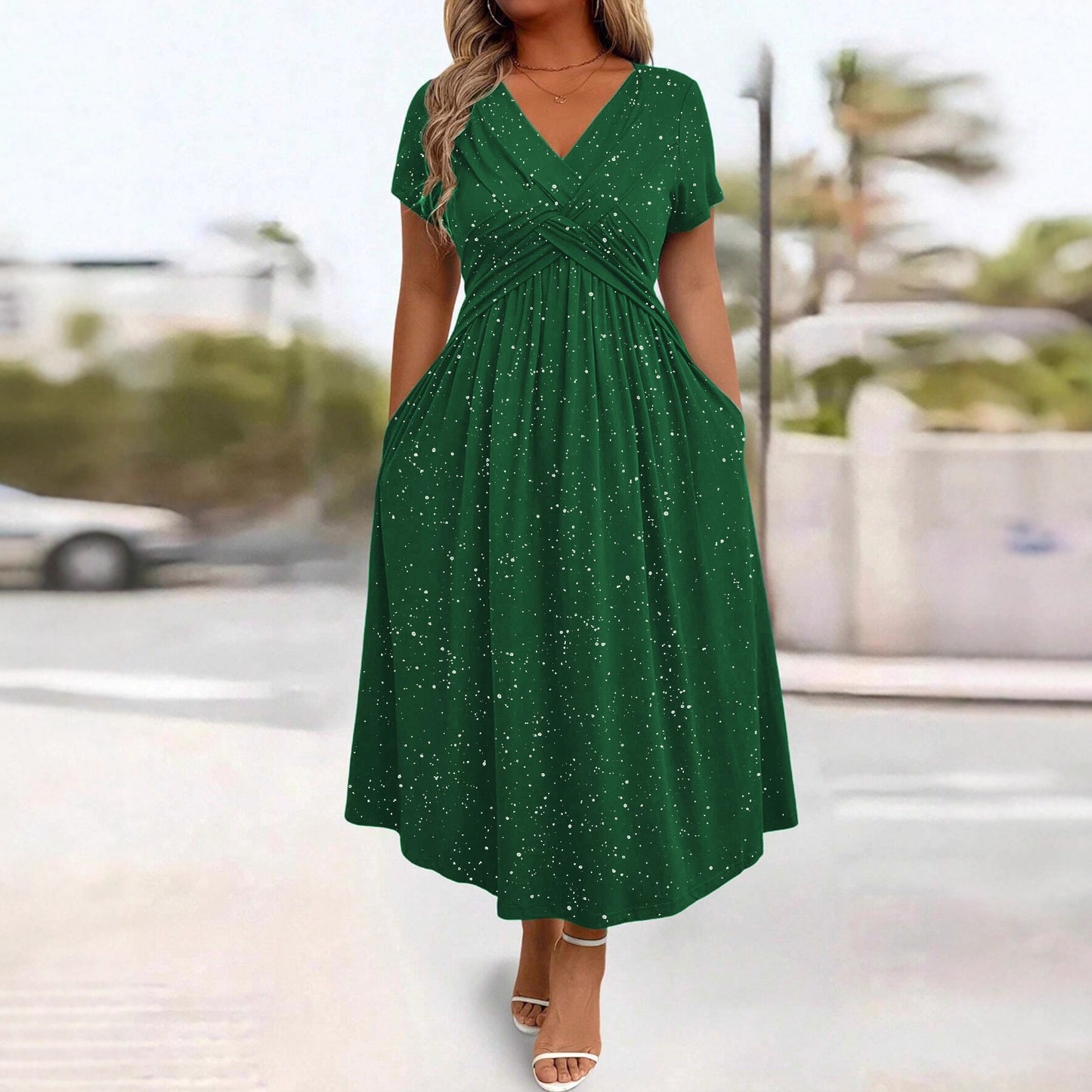 Women's Dusting Powder Shiny Twisted Sleeve With Dress