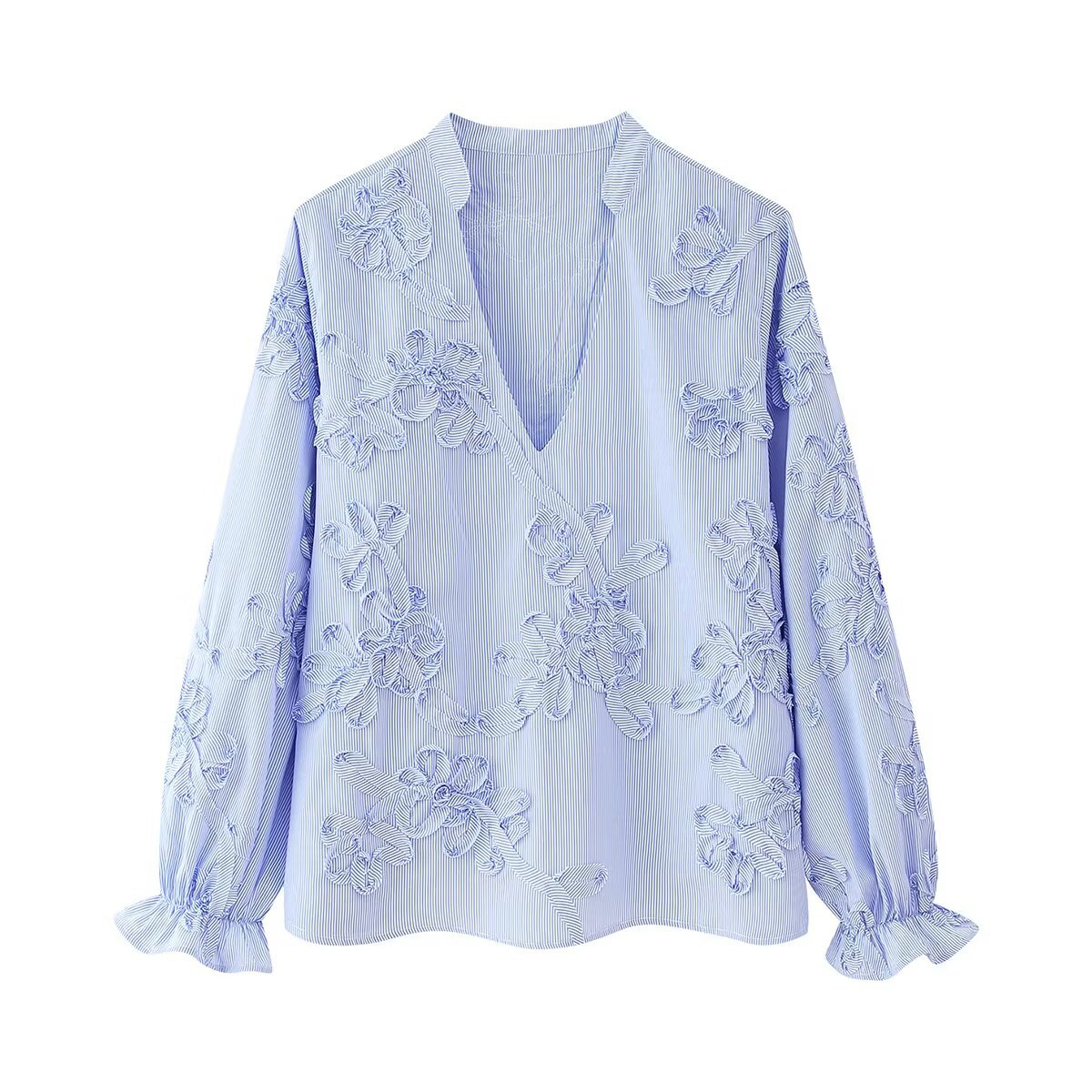 Women's Spring Textured Striped Plate Floral Poplin Blouses