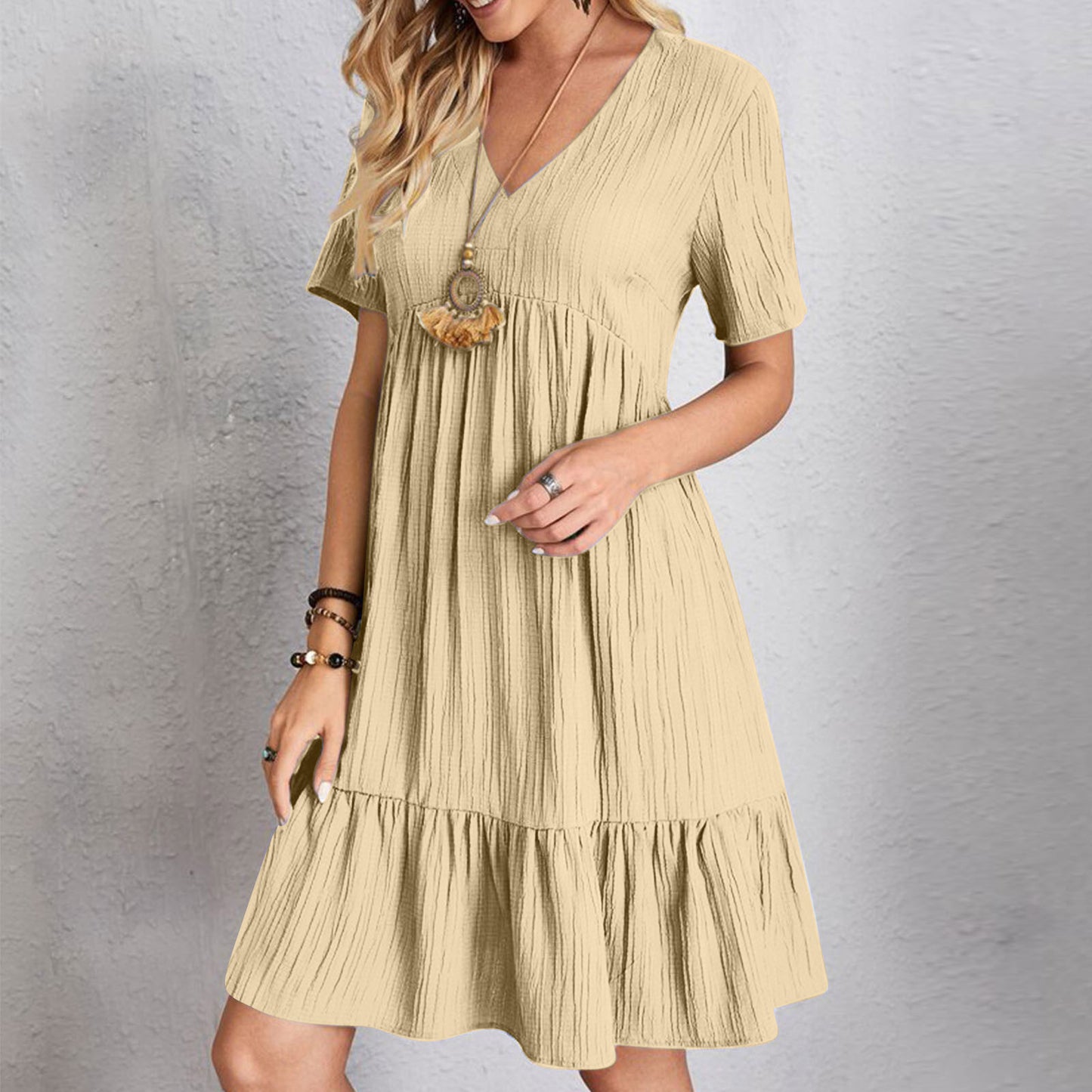 Women's Loose Solid Color Pleated Casual Lace Dress