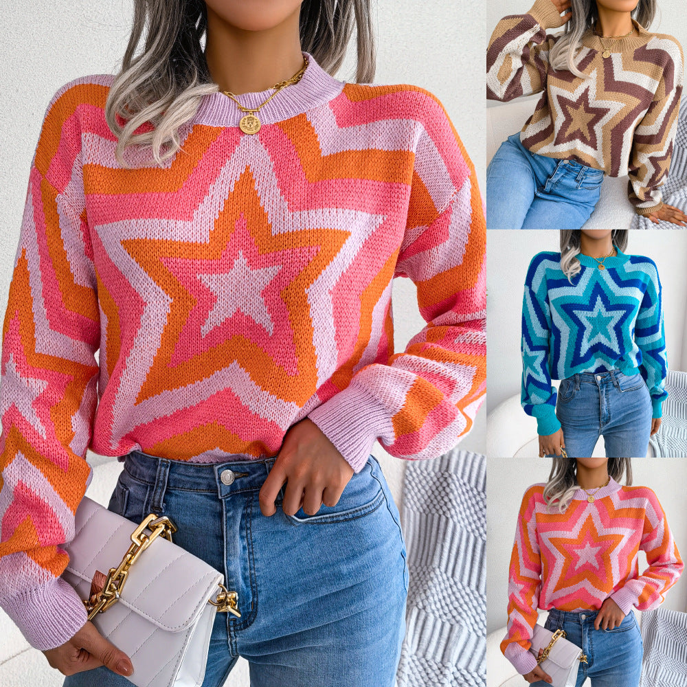 Women's Clearance Fashion Color Contrast Long Sleeve Sweater