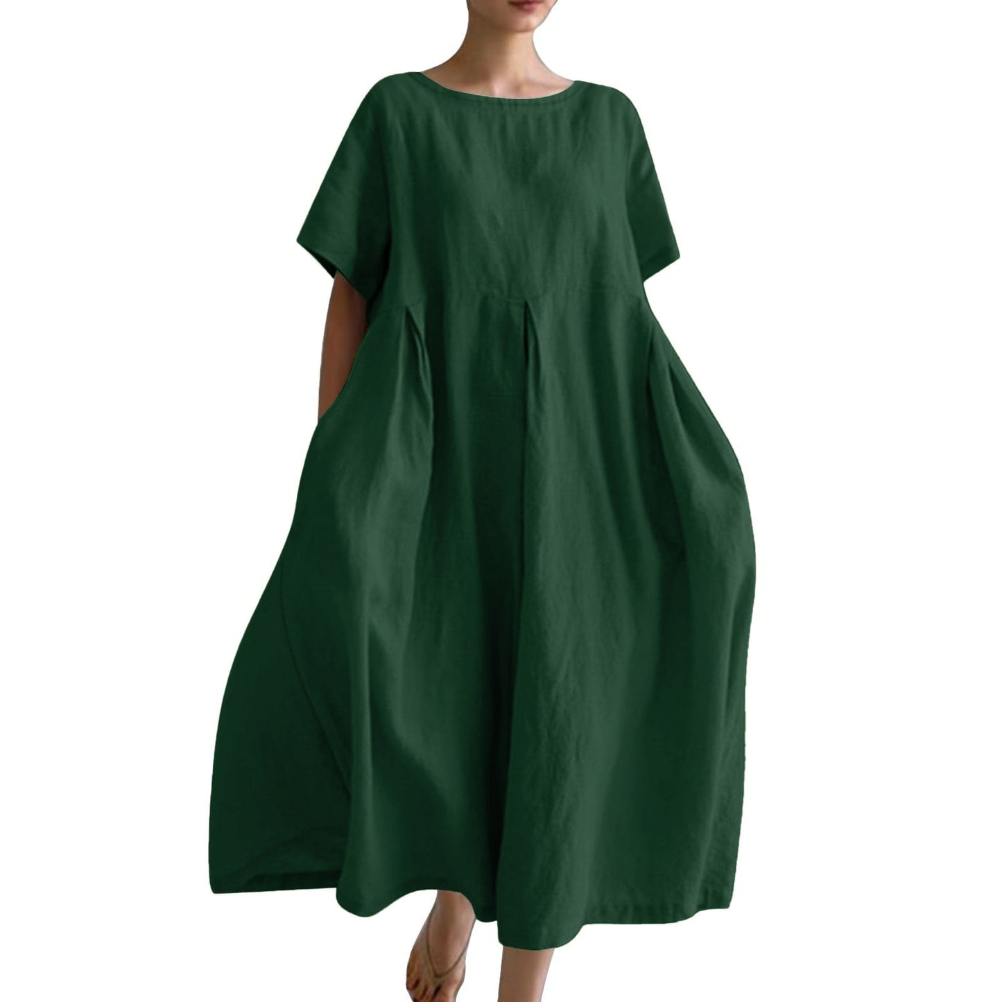 Women's Cotton Linen Loose Round Neck Fashion Dress