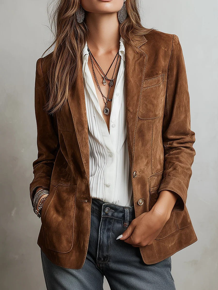 Women's Autumn Elegant Brown Suede With Pockets Coats