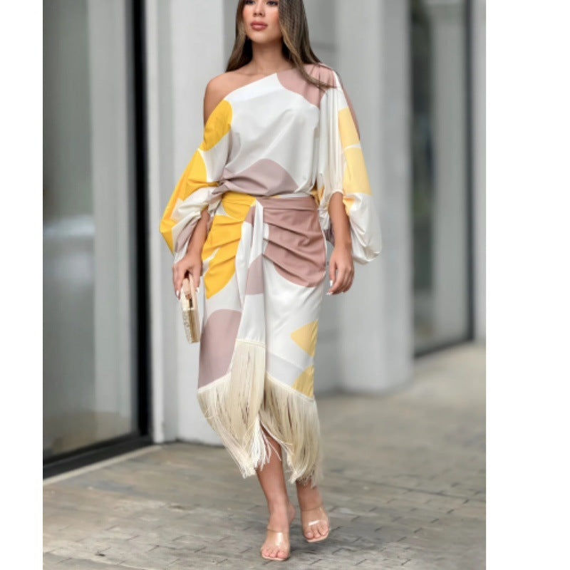 Summer Printed Lantern Sleeve Loose Tassel Tops