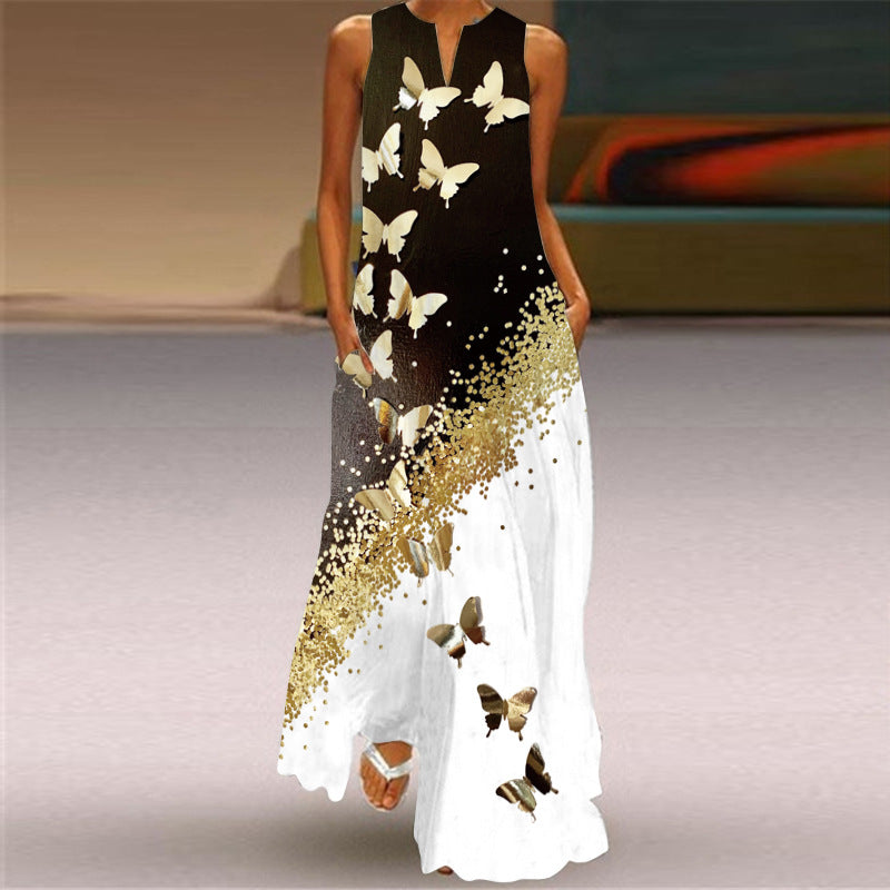 Women's Summer Sleeveless Vintage Printed Dress Long Dresses