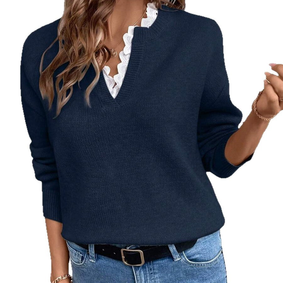 Women's Fashionable Lace Solid Color Loose Long Sweaters
