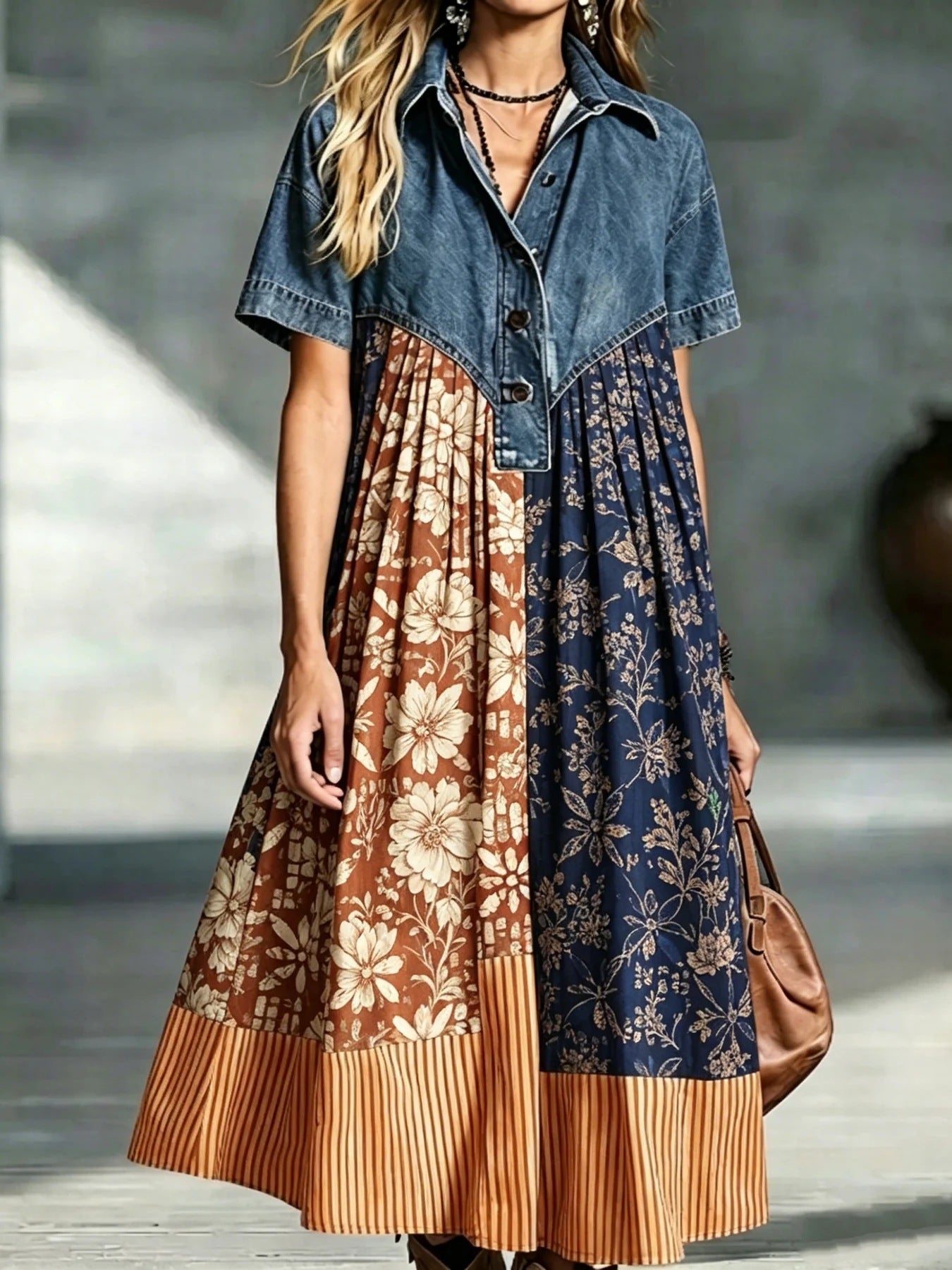 Women's Casual Fashion Denim Stitching Loose Retro Dress