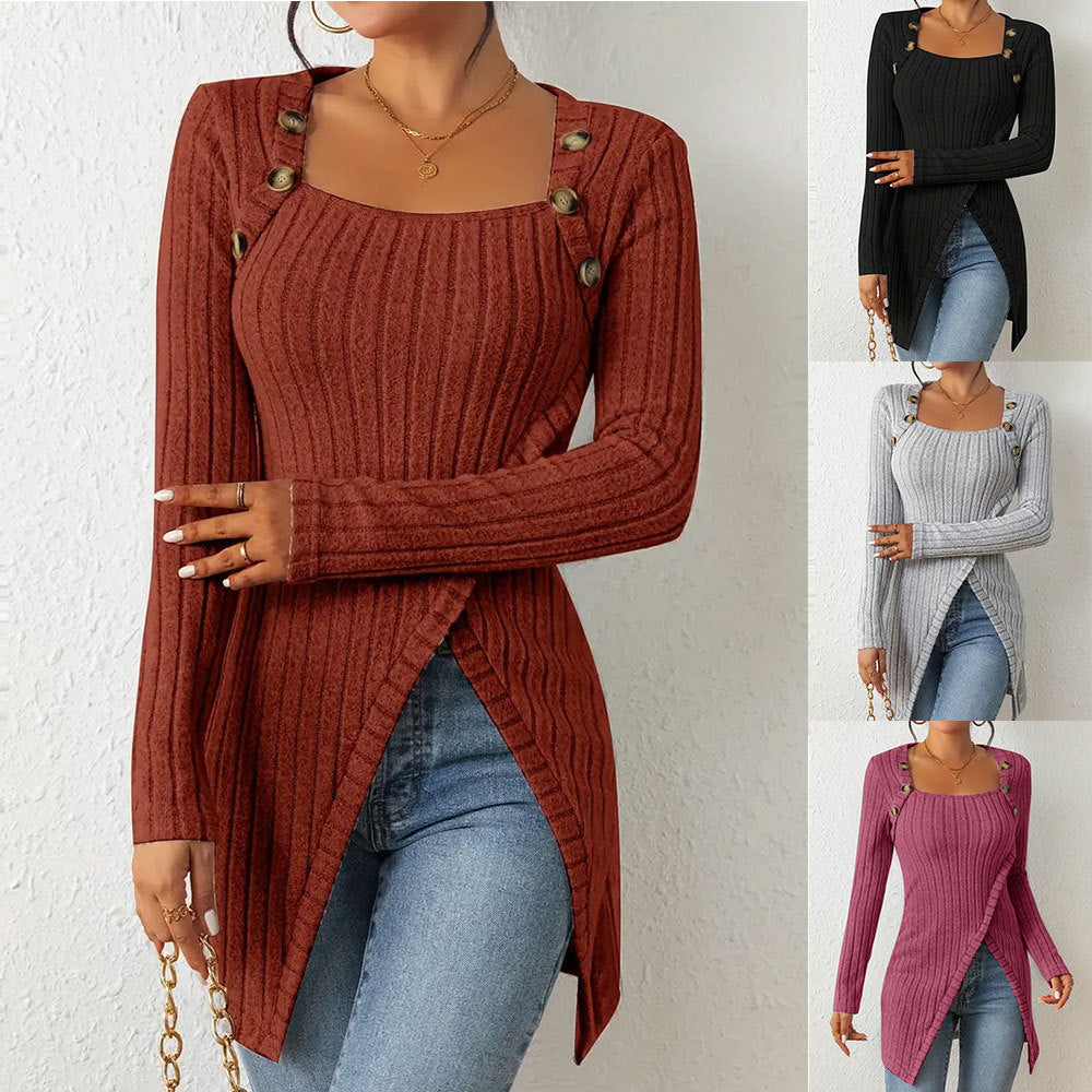 Women's Long Sleeve Knitted Square Collar Irregular Tops