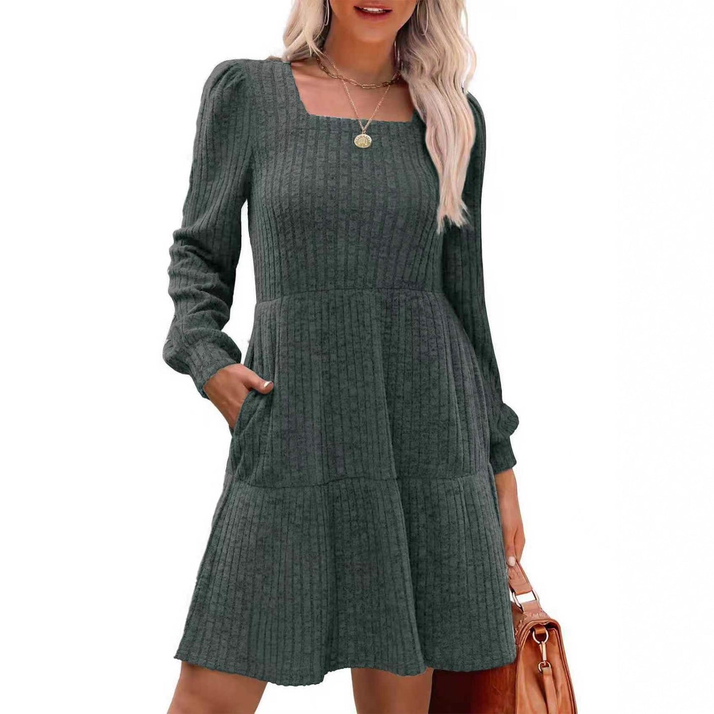 Square Collar Sunken Stripe Knitted Pocket Skirts