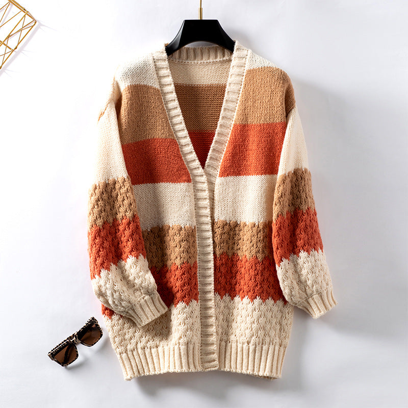 Women's Contrast Color Striped Casual Loose Lantern Sweater