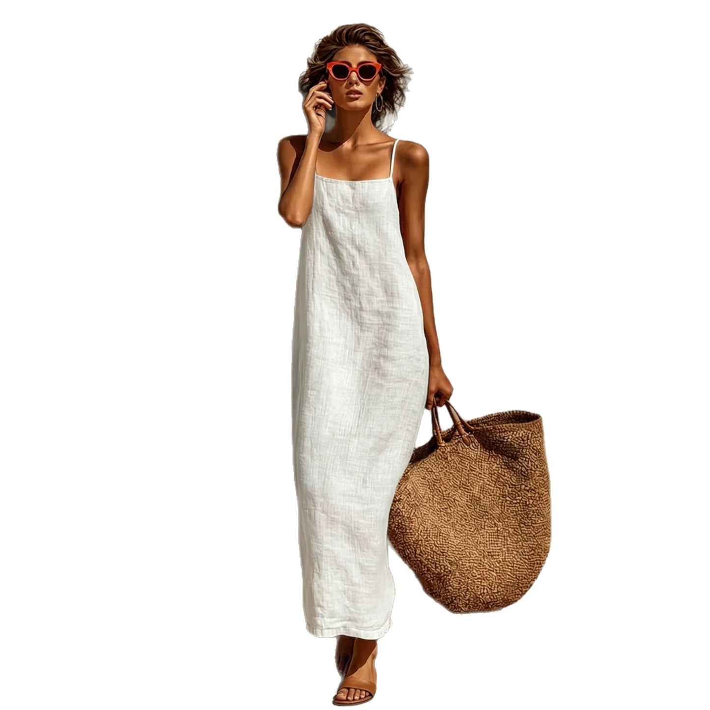 Women's Summer Solid Color Sexy Retro Idle Style Cotton Linen Sleeveless Dress