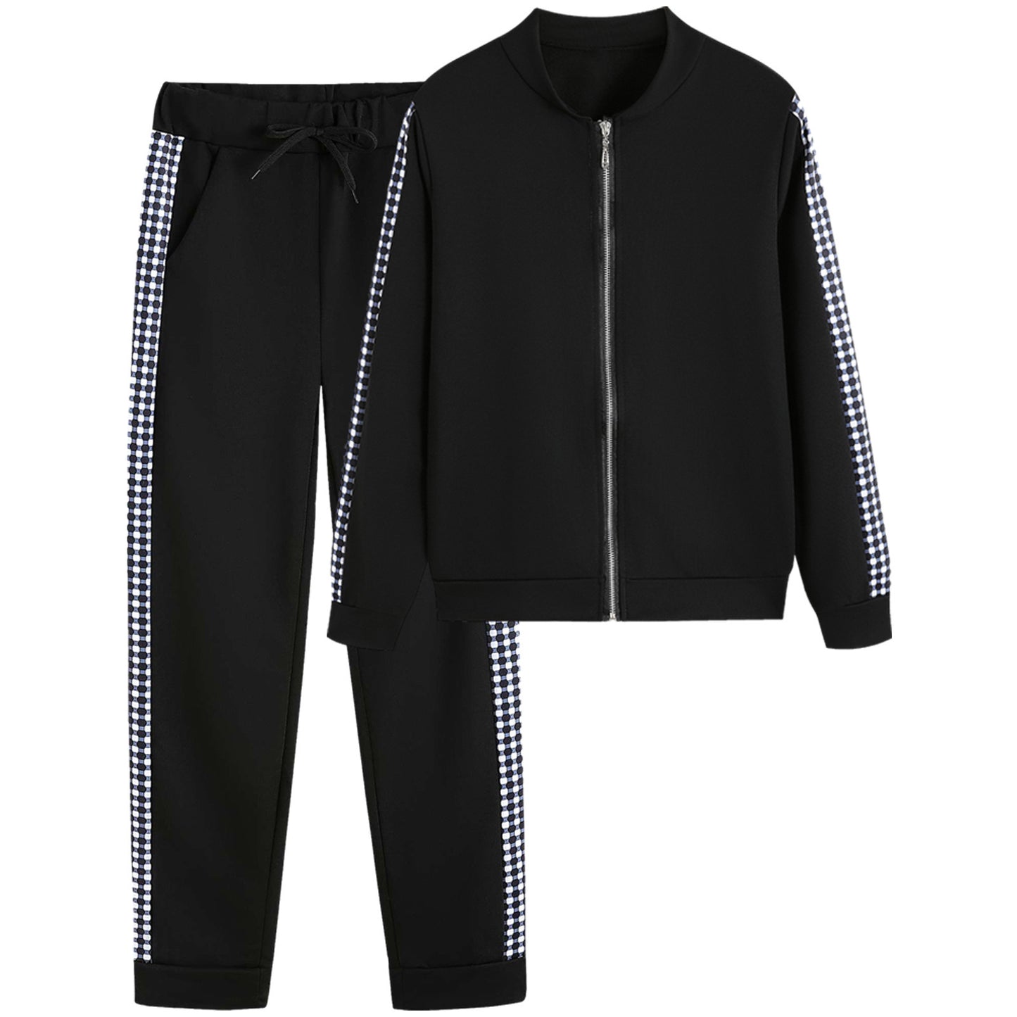 Women's Long Sports Zipper Stitching Plaid Fashion Casual Suit