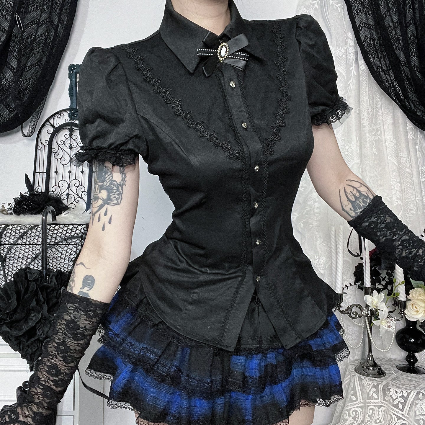Women's Shirt Dark Style Summer Vintage Wear College Lace Blouses