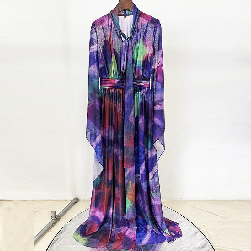 Floating Sleeve Colorful Printed Holiday Long Dress