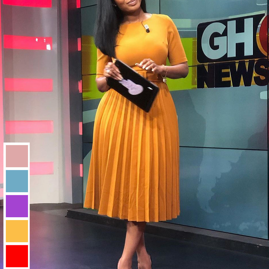 Women's Summer Sleeve High Waist Yellow Pleated Dress