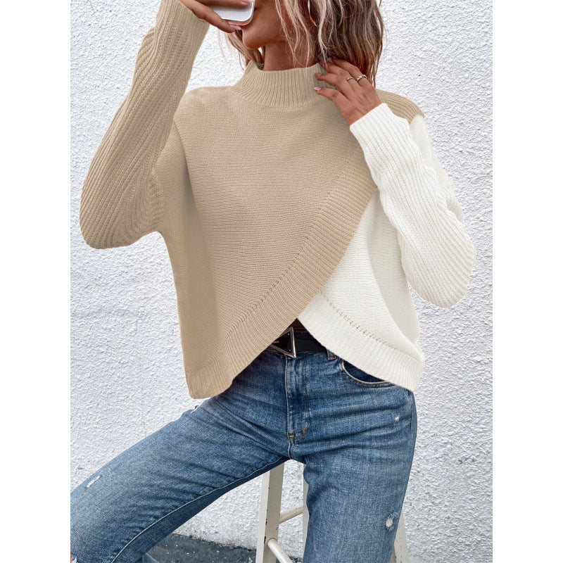 Women's Turtleneck Knitted Asymmetric Cross Hem Loose Slimming Long Sweaters