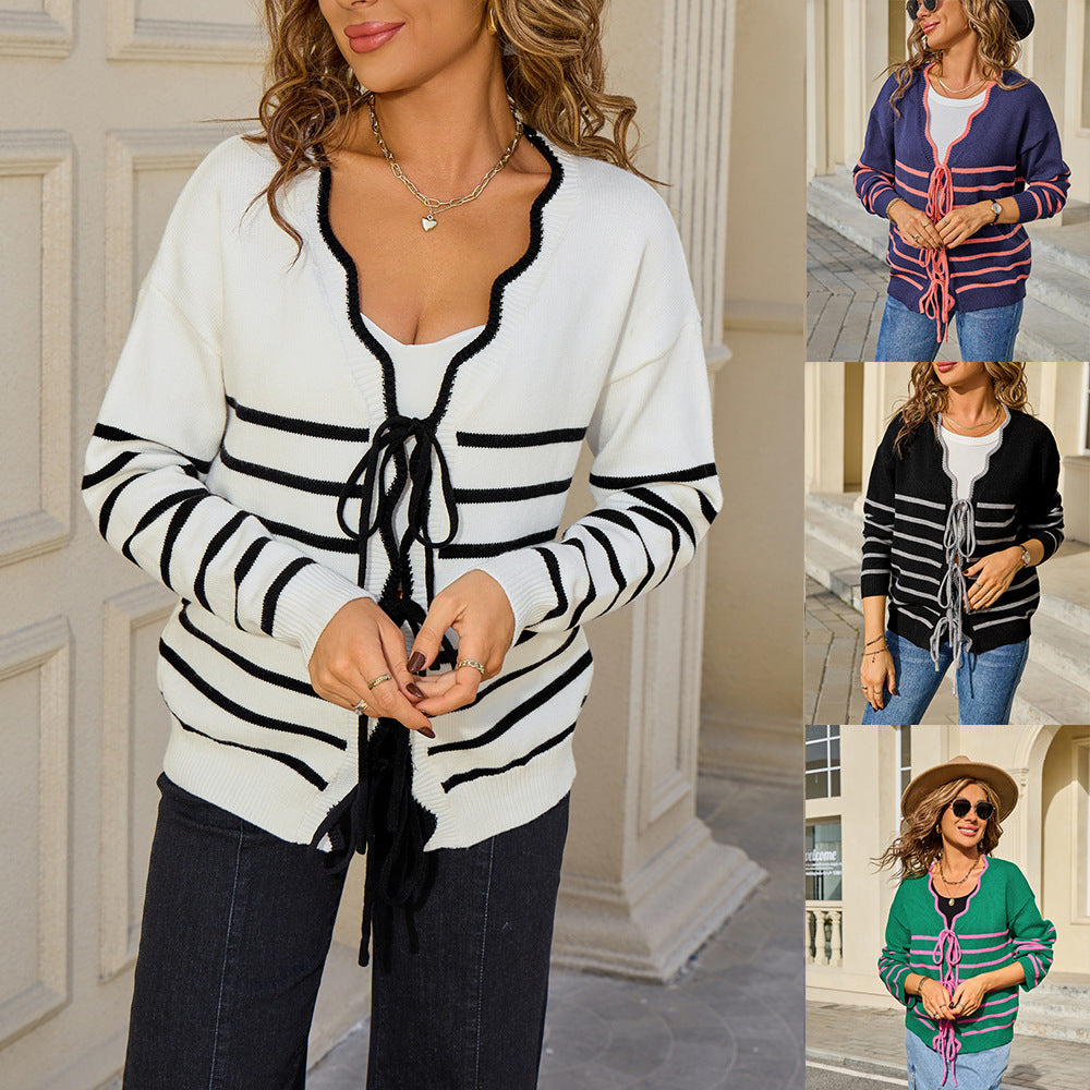 Women's Lace Striped Loose Multicolor Slimming Contrast Knitwear
