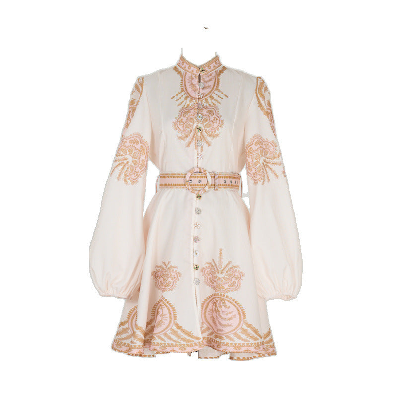 Design High Version Single-breasted Stand-up Collar Puff Sleeve Dresses