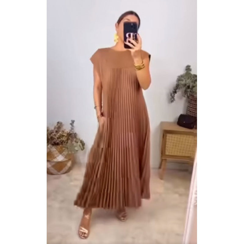 Women's Fashion Round Neck Sleeveless Pleated Dress Dresses