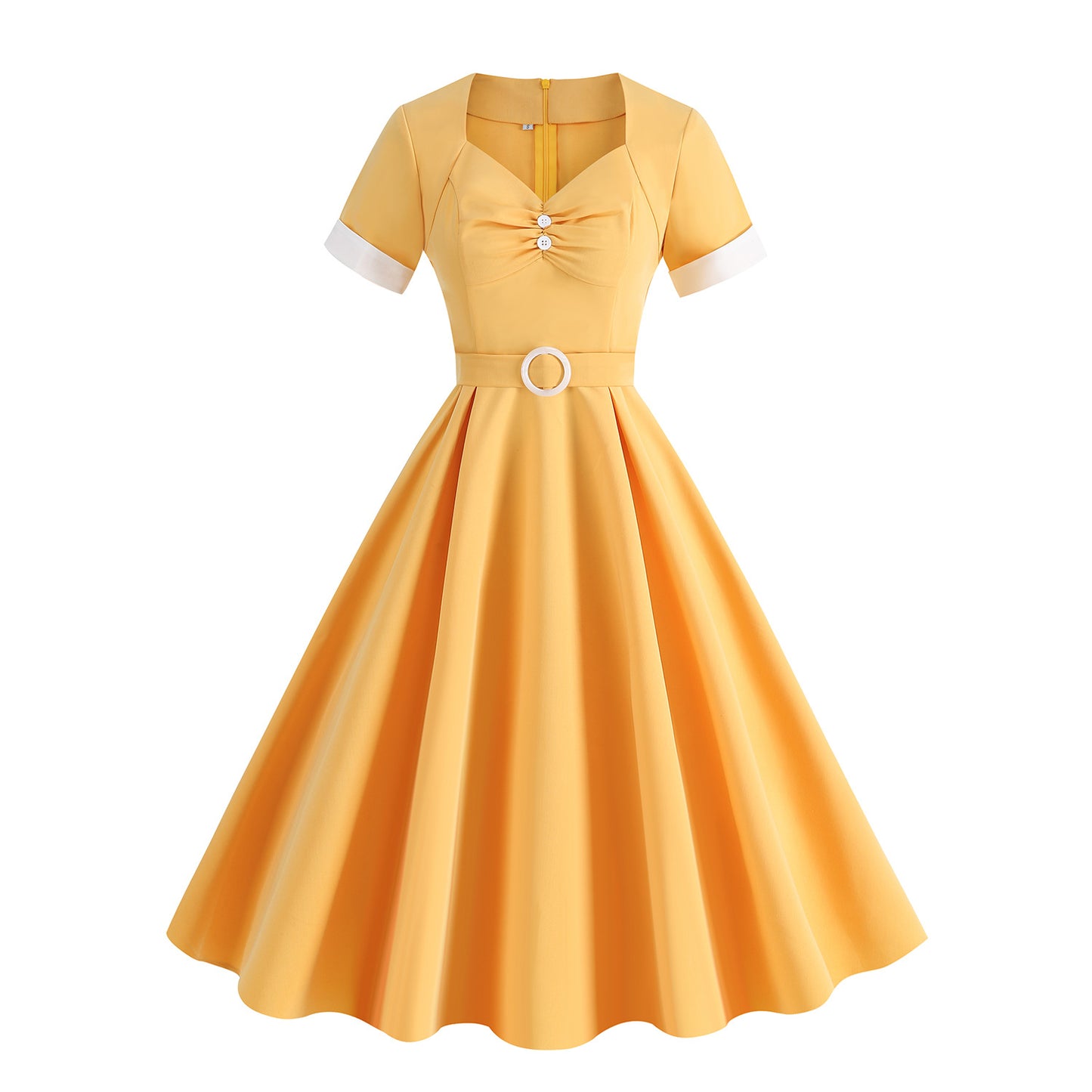Hepburn Style Retro Square Collar Sleeve High Waist Dresses