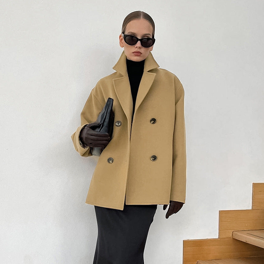 Women's Woolen Mid-length Loose Thick Brown Double-breasted Coats