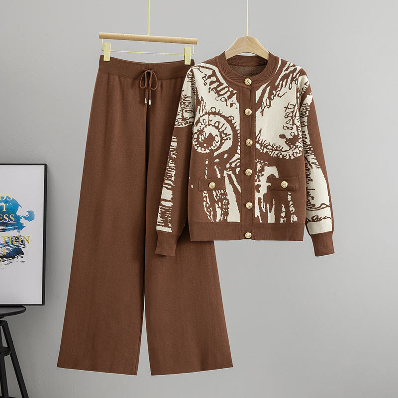 Women's Fashion Two-piece Printed Metal Buckle Knitted Suits
