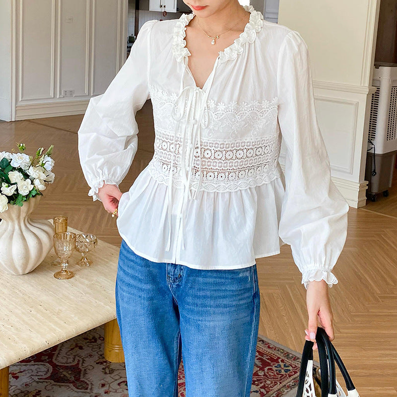 Women's Autumn Lace Shirt French Style Design Long Blouses
