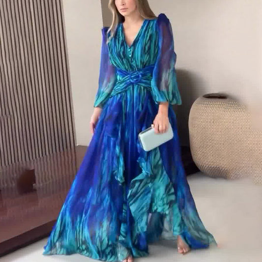 Vintage Fashion Print Long Sleeve Elegant Dresses
