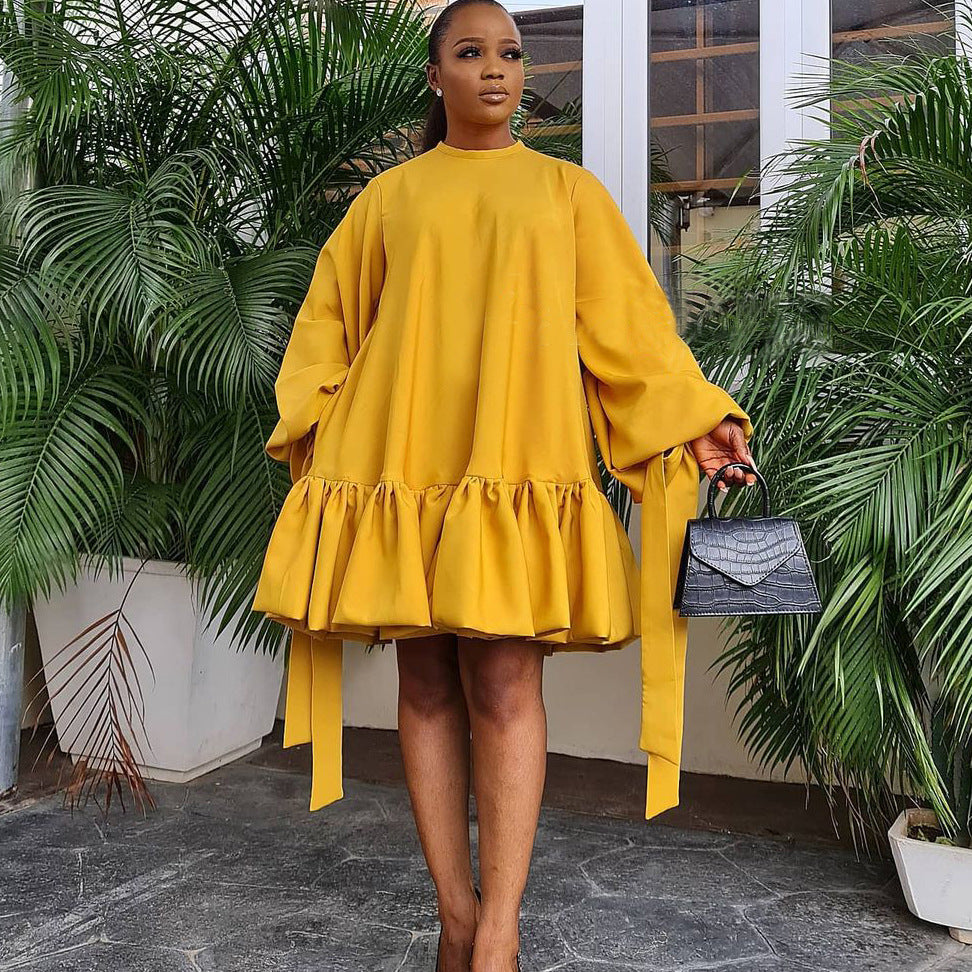 Autumn Loose Solid Color Puff Sleeve Dress