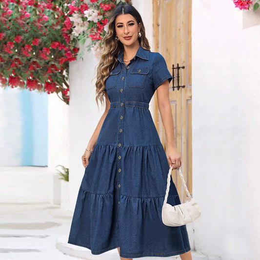 Women's Lapel Button Long Pocket Sleeve Pattern Dresses