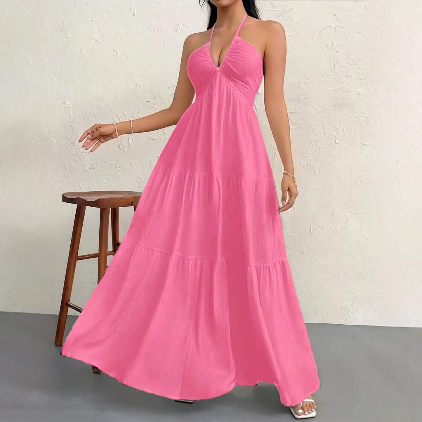 Women's V Shoulder Bohemian Style Belt Festival Dress