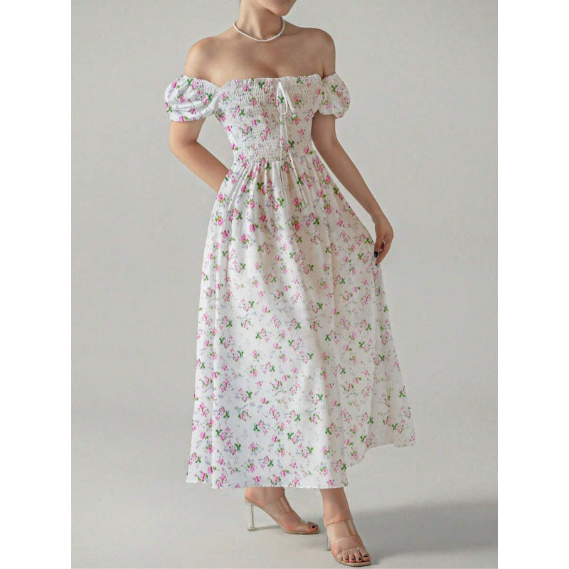 Square Collar Puff Sleeve Printed Elegant Dress