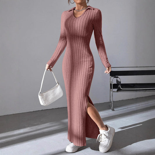 Slim Fit Lapel Split Sunken Stripe Dress