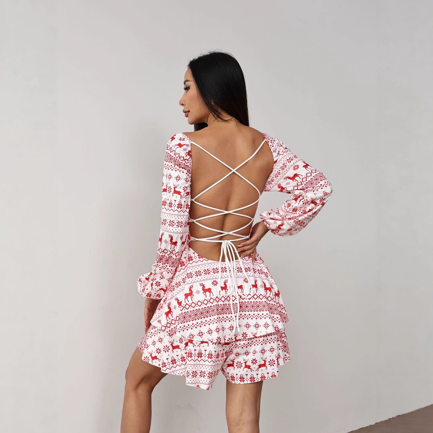 Women's Christmas Printed Drawstring Backless Long Sleeves Dress