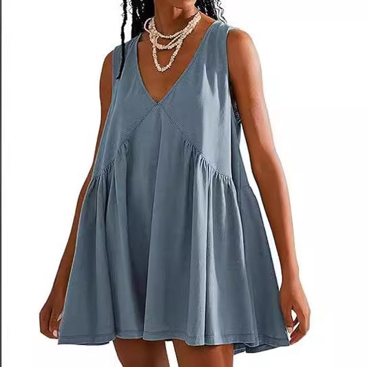 Women's Collar Sleeveless Pleated Pocket Dress Dresses