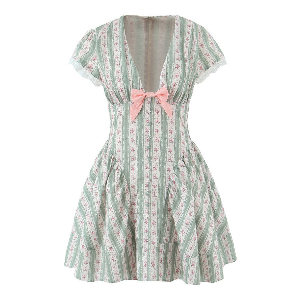 Women's Fashion Sweet French Green Striped Cotton Dresses
