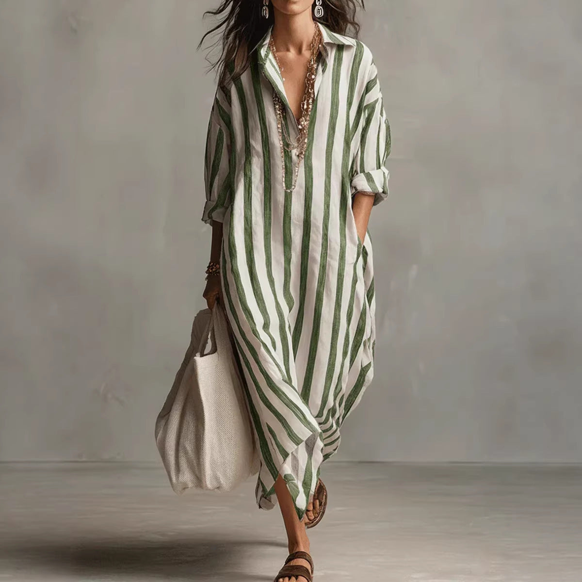 Women's Fashionable Loose Long Striped Summer Ninth Dress