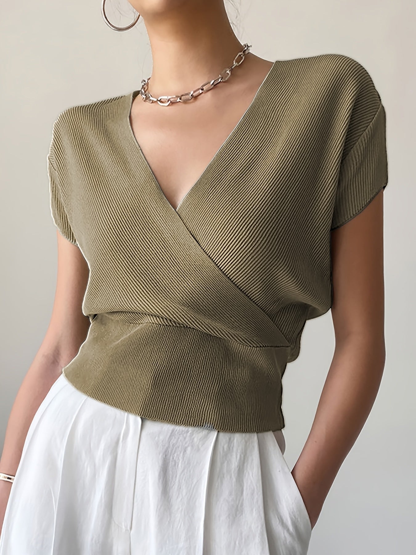 Women's Color With Cross Collar On Both Sides Easy Matching Waisted Women's Sweater