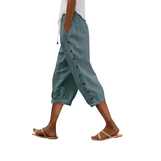Striped Loose Elastic Waist Straight Casual Side Button Strip Pants