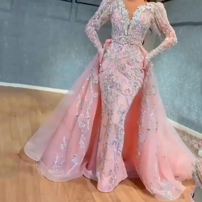 Women's Dress Sexy Long Sleeve Gold Trailing Wedding Dresses