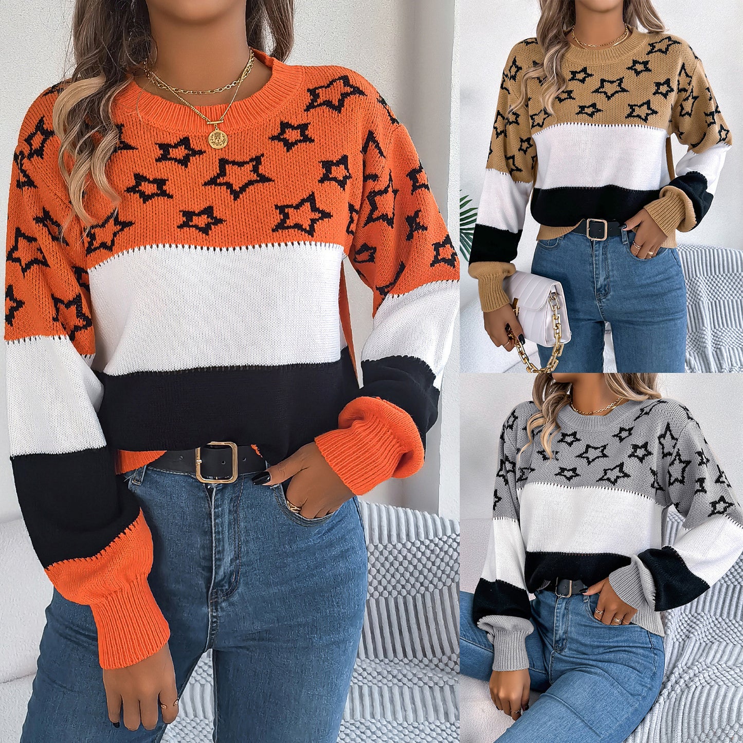 Women's Clearance Casual Contrast Color Star Hollow Sweater