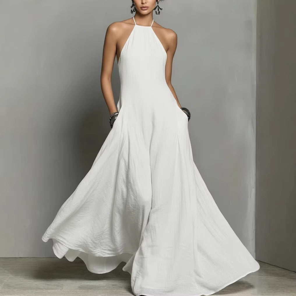 Cotton Linen Blended Simple Backless Sleeveless Dress
