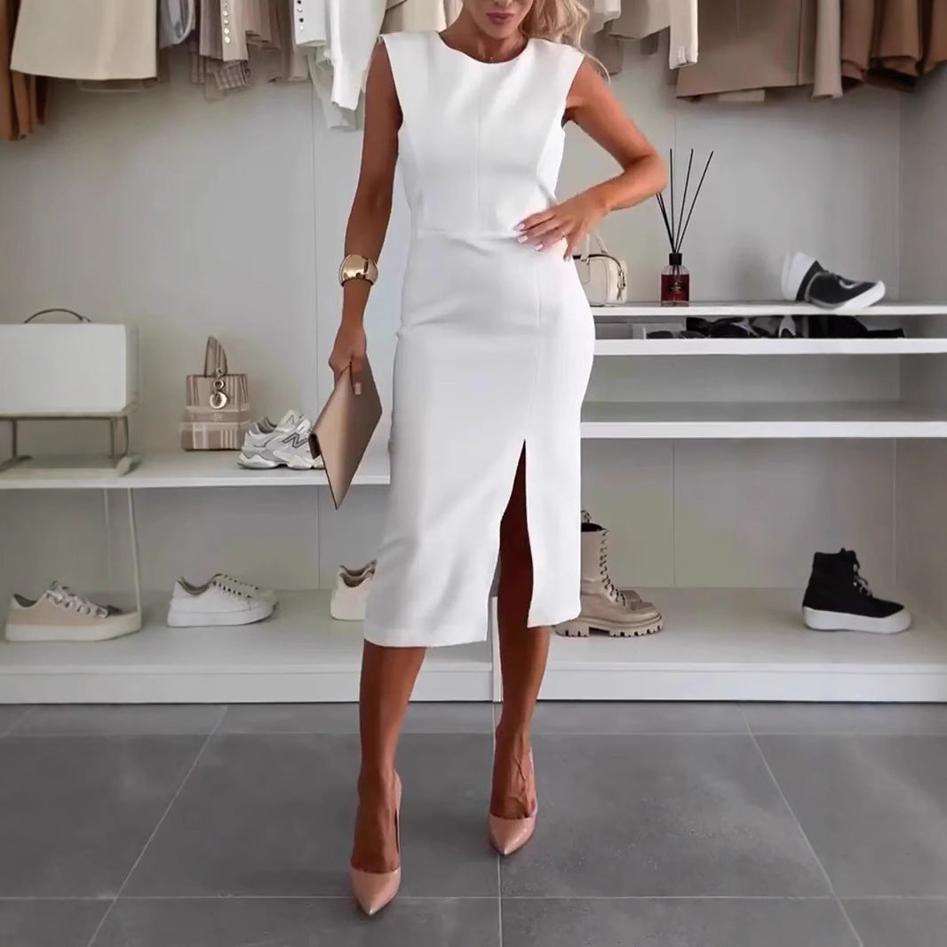 Women's Round Neck Elegant Split Solid Color Dress