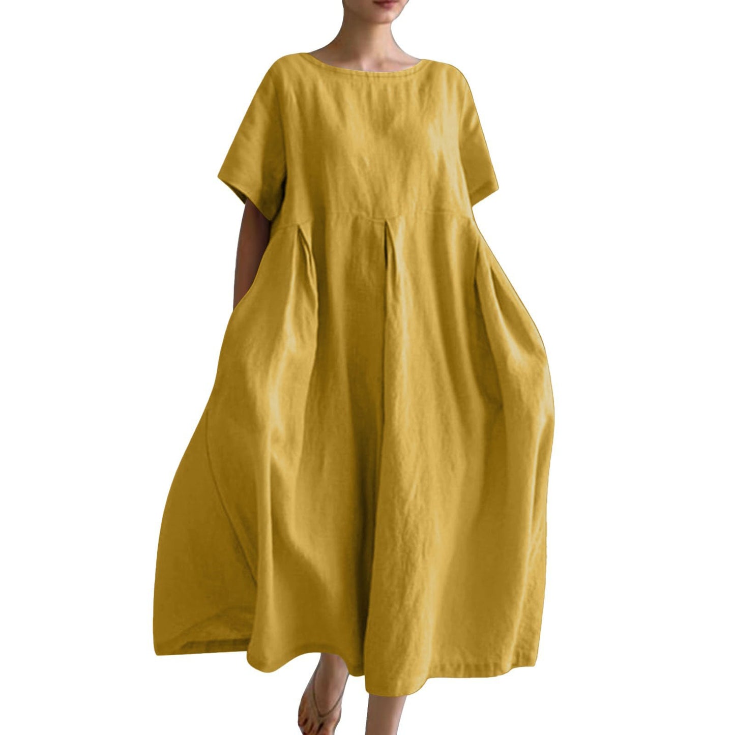 Women's Cotton Linen Loose Round Neck Fashion Dress