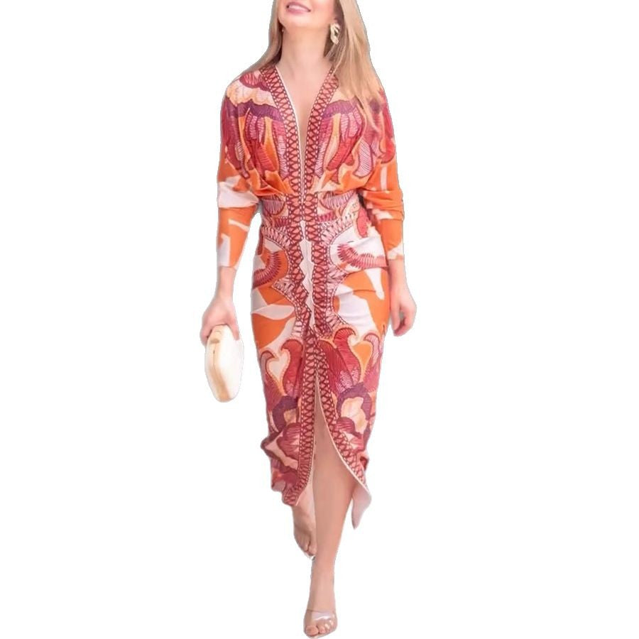 Women's Printed Sexy Long Sleeve Split Dress Dresses