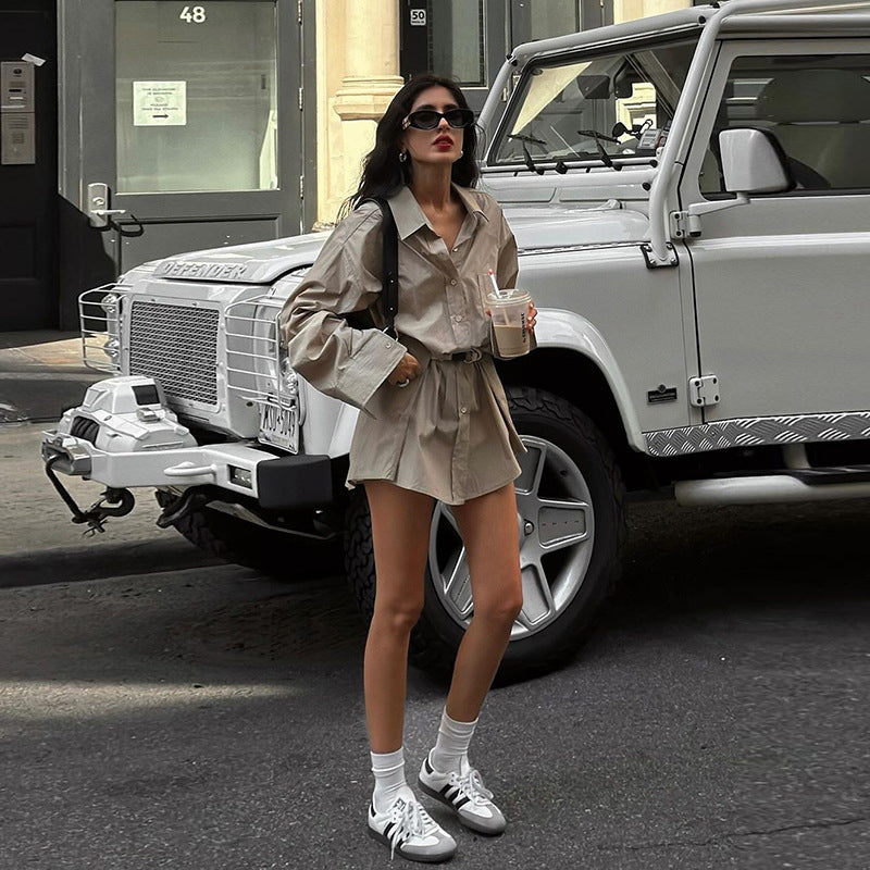 Women's Color Loose Street Fashion High Waist Lapel Long Dresses